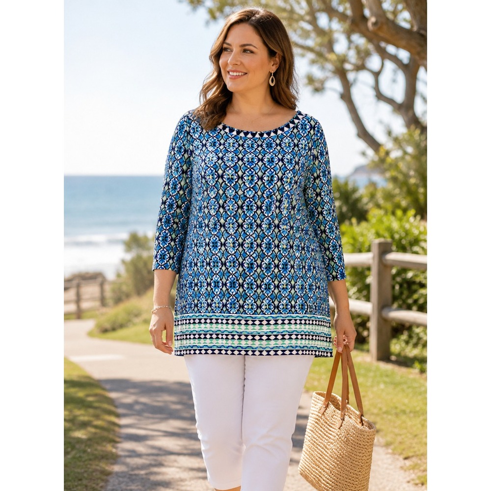 Women's Ruby Rd 2X Plus Size Geometric Blue White Border Print Top 3/4 Sleeves